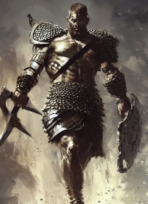 Image similar to ancient historically accurate depiction of the Bible Character Goliath of Gath, the Philistine warrior giant in ancient persian chainmail armor, dramatic lighting art by Yoji Shinkawa by Richard Schmid by greg rutkowski by Sandra Chevrier by Jeremy Lipking cinematic dramatic