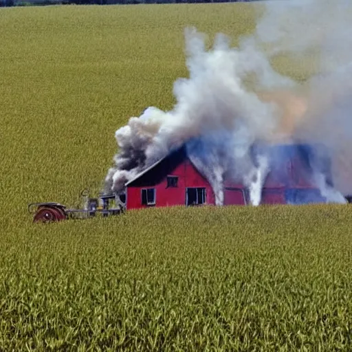 Prompt: a small vintage farm on fire in a corn field