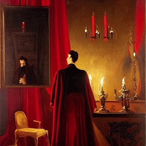 Prompt: Dracula in red black clothes stands in front of a large mirror no reflection, gothic castle room, large royal portraits on walls, lit candles in candelebras, high-detail oil painting by Petrus van Schendel