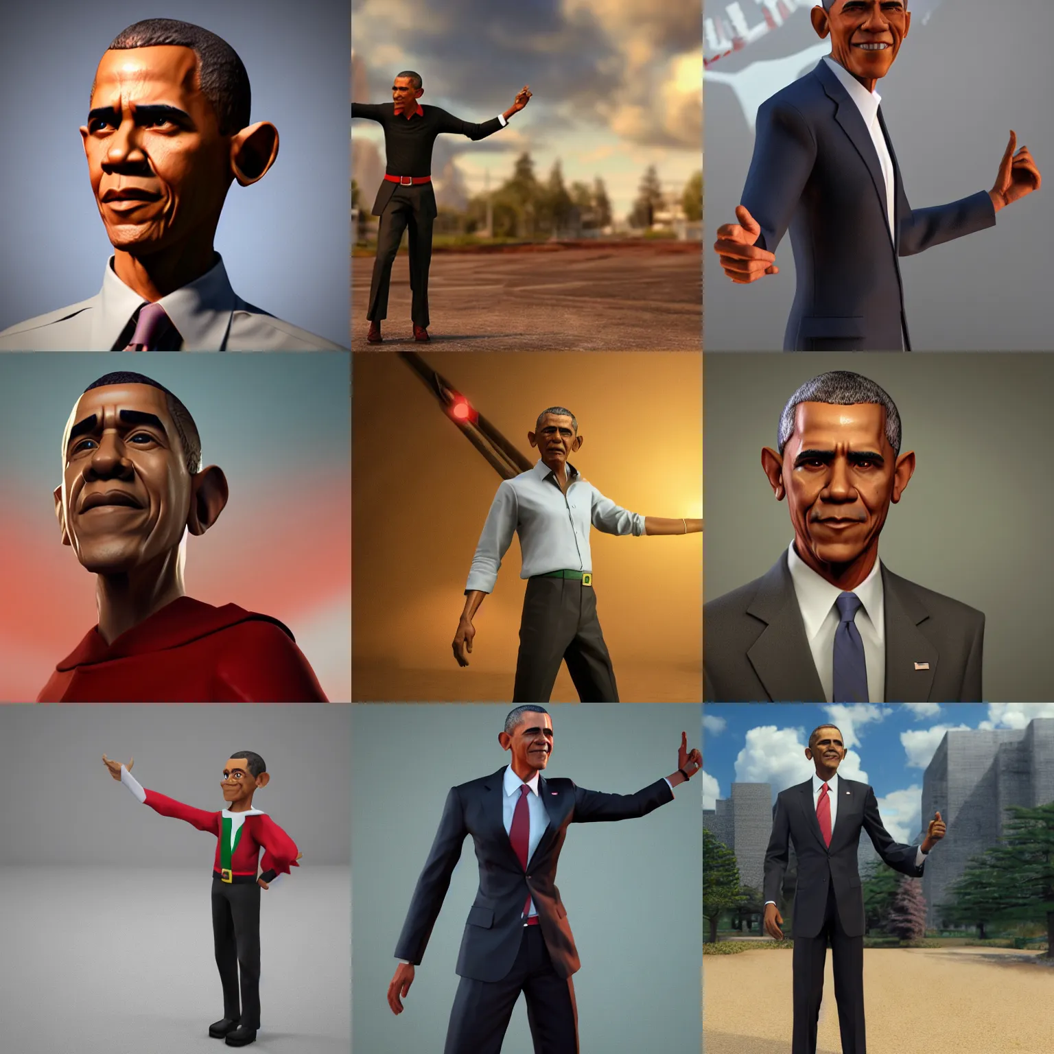 Prompt: 3 d render of barack obama as an elf, artstation, unreal engine 5, dynamic pose, official art, high resolution, highly detailed