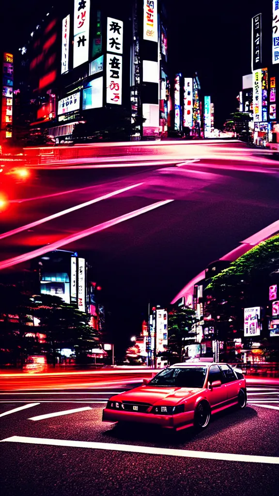 Prompt: a car drifting JZX100 middle of road, shibuya prefecture, city midnight vibrant lights, cinematic color, photorealistic, highly detailed