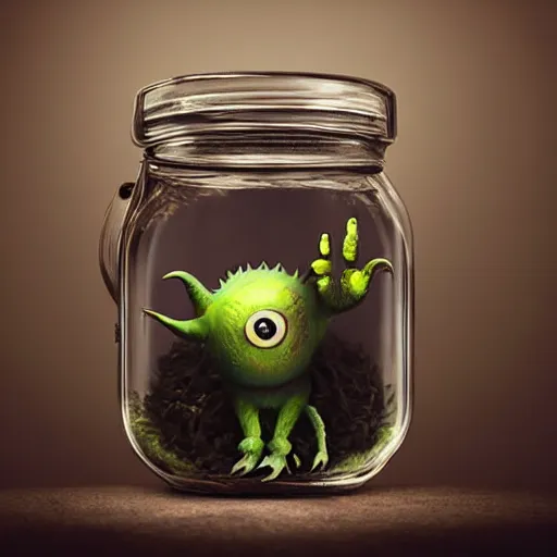 Image similar to cute monster in a jar by Greg Rutkowski, product photography, centered, studio lightning