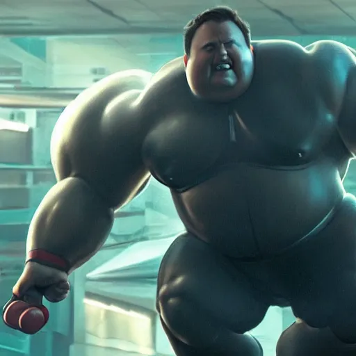 Prompt: obese rotund ironman lifting mjolnir, cinematic shot from the avengers movie