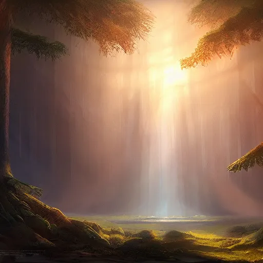 Image similar to a fairy huge sequoia, rays of light, atmospheric, matte-painting, trending on artstation