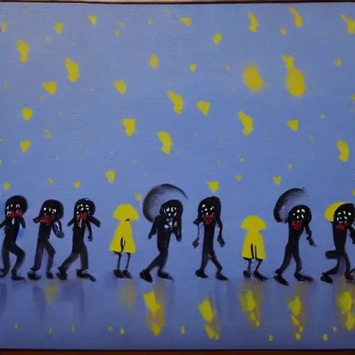 Image similar to painting of zombies walking in a blue sky, yellow raining