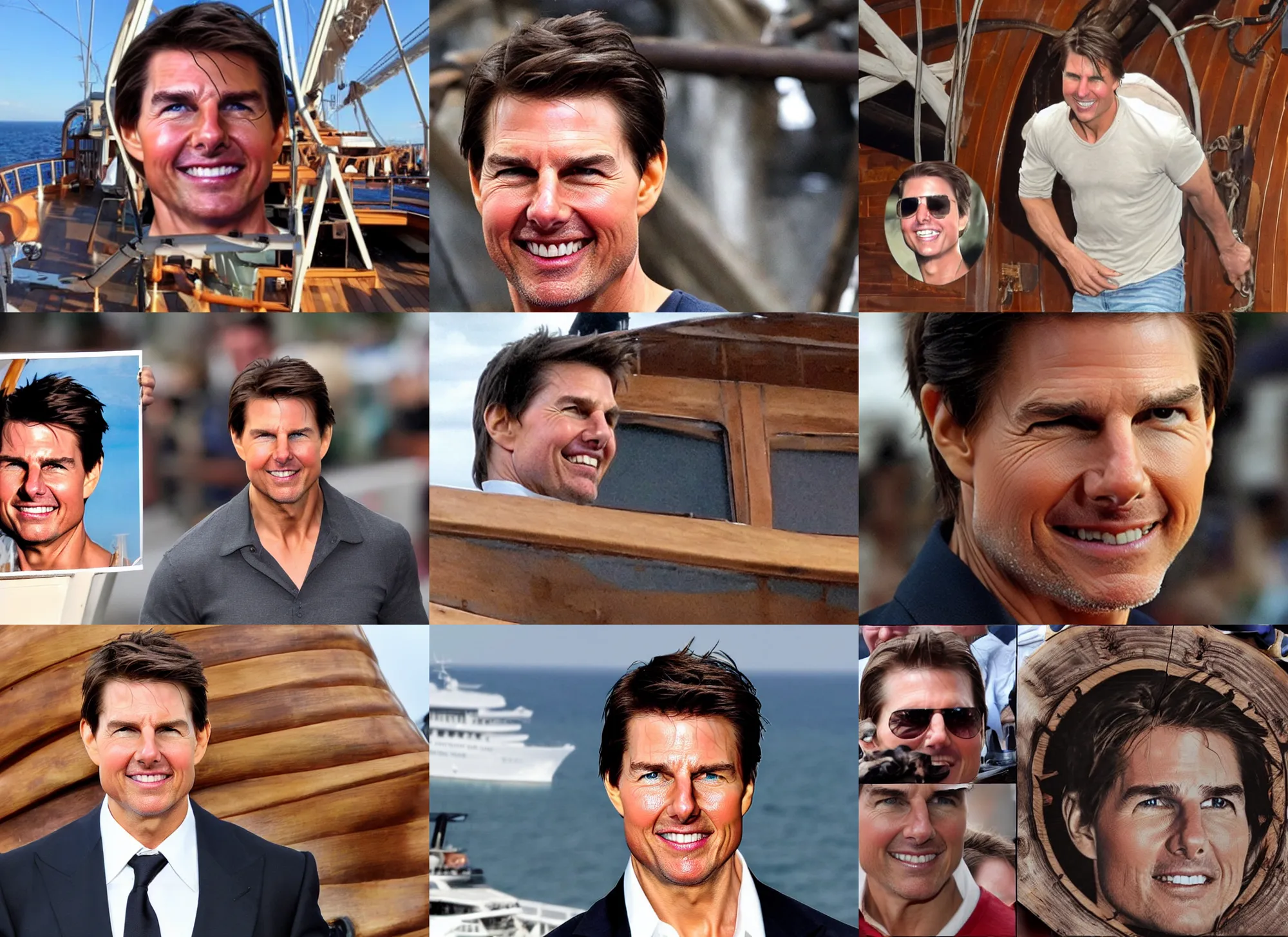 Prompt: tom cruise's face on the bow of a wooden pirate cruise ship