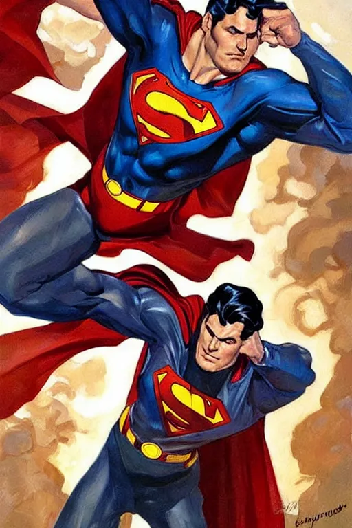 Image similar to superman vs homelander, painting by jc leyendecker!! phil hale!, angular, brush strokes, painterly, vintage, crisp