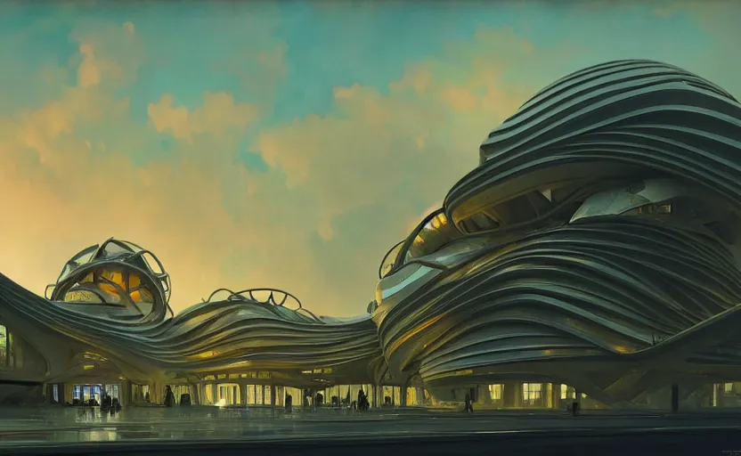 Image similar to exterior shot of utopian architecture building with cinematic lighting by zaha hadid and renzo piano, darek zabrocki and greg ruthkowski, alphonse mucha, simon stalenhag, cinematic, paradise, scifi, futurism, atmospheric, sunset, concept art, artstation, trending on artstation