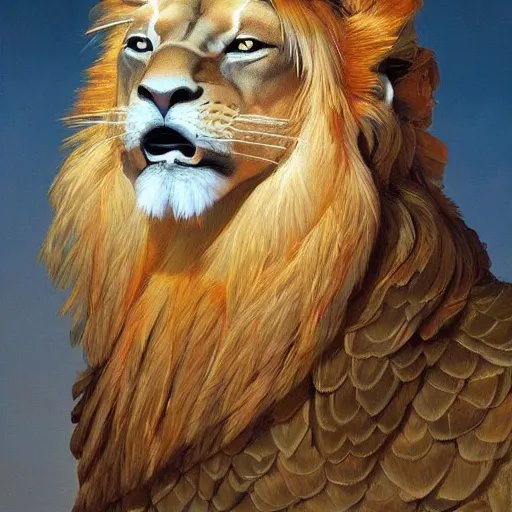 Image similar to a realistic oil painting portrait of a winged lion with an eagle head, highly detailed, trending on artstation, by james gurney and michael whelan