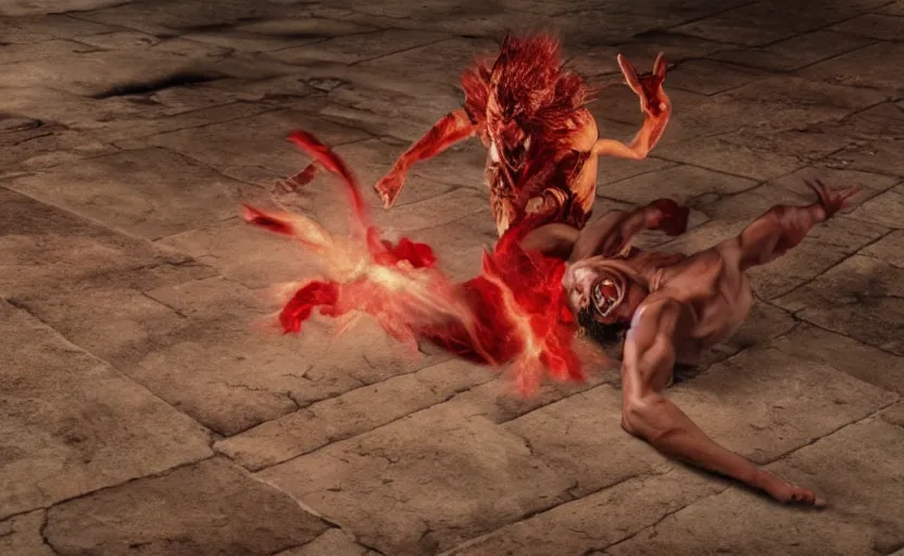 Prompt: hyperrealistic photo of Jesus Christ fighting red-skinned Satan devil demon Lucifer hellspawn in the face on the floor of the Roman Coliseum, 8k cinematic, epic fight scene, interpretation of Hell on Earth