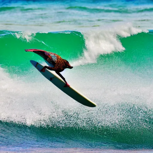 Prompt: Bird surfing on a surfboard, high detail photo, 8K, very beautiful, award winning