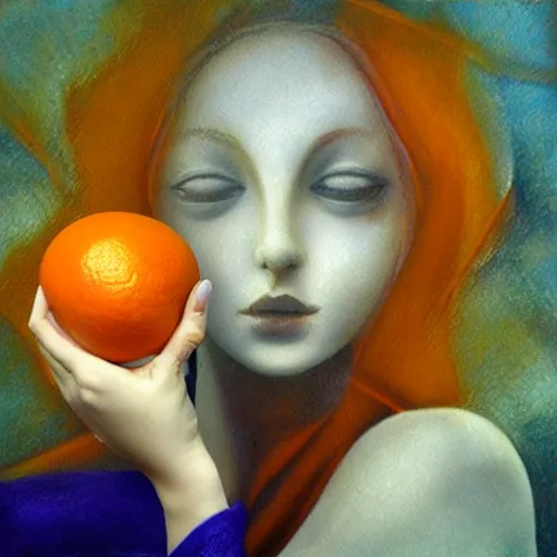 Prompt: rigorous underwater photography, deep depth of field by dorina costras. a sculpture of a young woman holding an orange