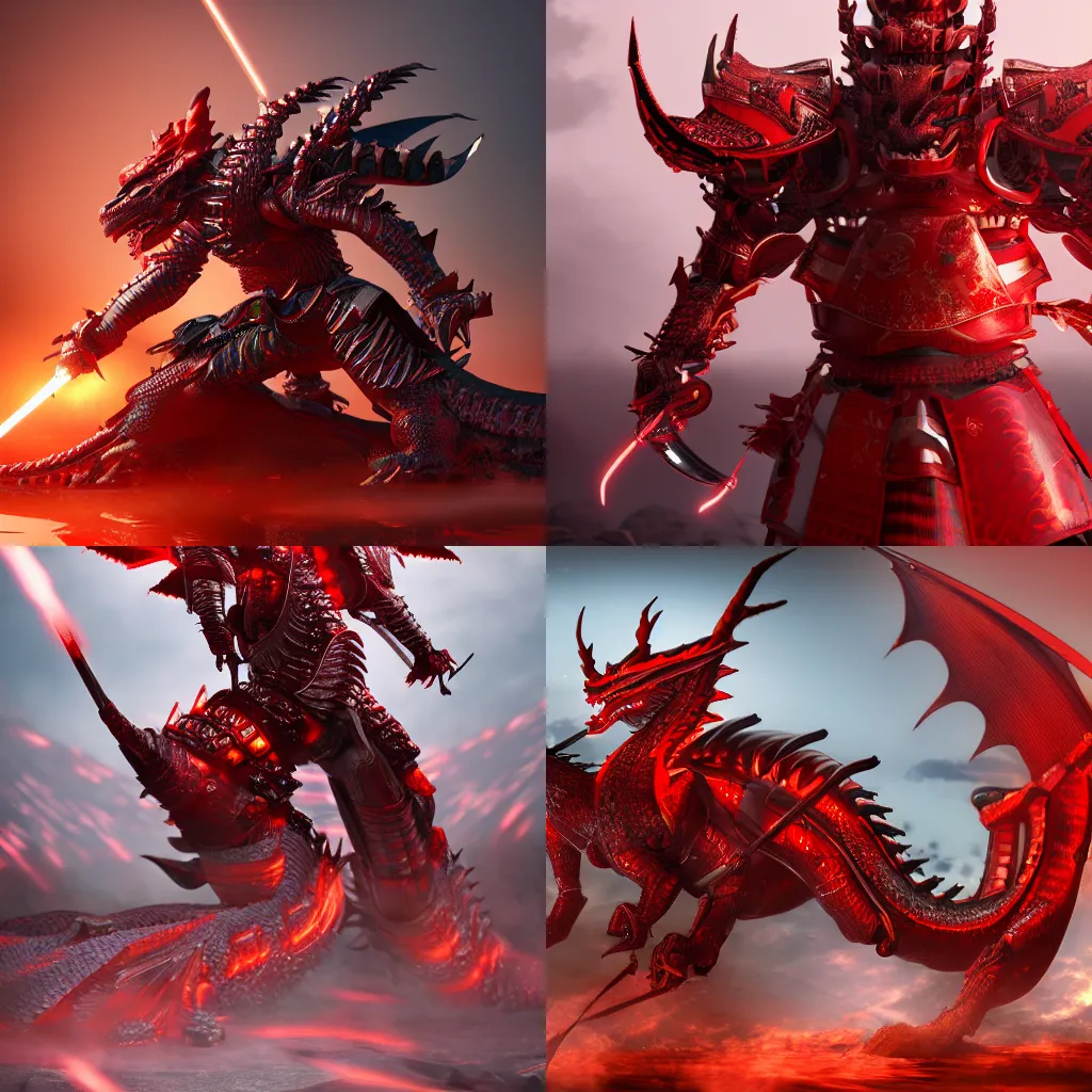 Image similar to a mechanical dragon samurai in red japanese armor, full body, photography, trending on artstation, high details, unreal engine 5, 8k, ultra realistic, wide angle