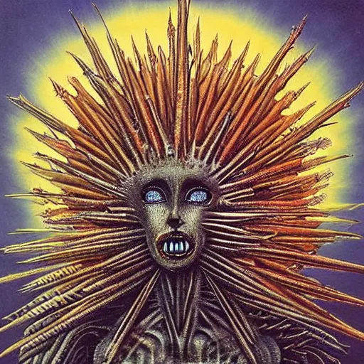 Prompt: the queen of the sun with a spiky body and face, when you kiss her you'll die instantly, eerie, creepy, beautiful, scary, spiky, spiky, spiky, colorful in the style of zdzisław beksiński and h.r. giger, oil on canvas, full body, open wide chest, intricately detailed artwork, full 8k high quality resolution, recently just found unknown masterpiece, renaissance painting, photorealism, 8k high detail, Sigma 85 mm f 1.4, Studio Light, Studio Ghibli, jacek yerka, alex gray, zdzisław beksiński, dariusz zawadzki, jeffrey smith and h.r. giger, oil on canvas, 8k highly professionally detailed, trending on artstation, her hair is thick and smooth, she is beautiful showing her true form