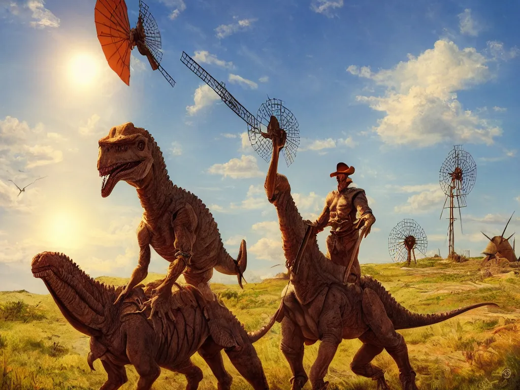 Image similar to portrait of don quixote sitting on a dinosaur in front of a windmill, summer, sun in the zenith, digital art, highly detailed, stunning scene, 4 k, realism, bright colors, trending on artstation