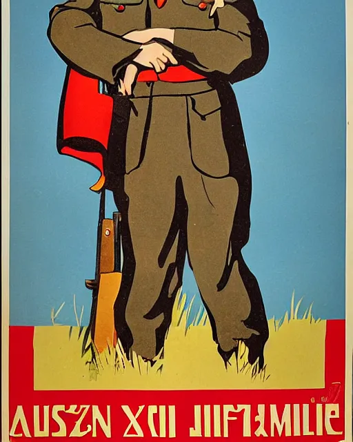 Image similar to communist propaganda poster of an australian shepherd soldier, soviet art