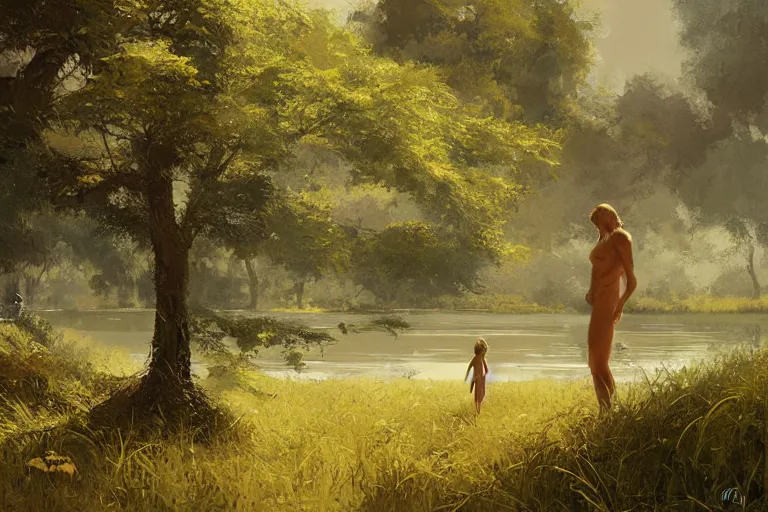 Image similar to adam and eve next to a tree and a lake, digital painting by craig mullins, by mattias adolfsson,