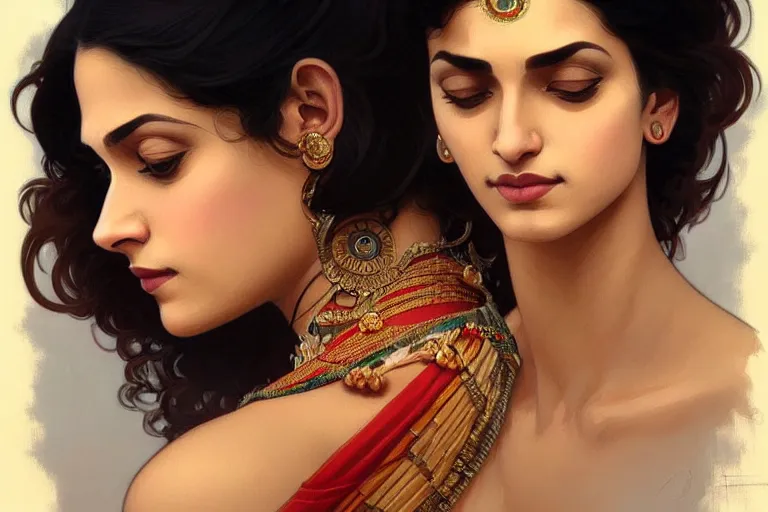 Image similar to sensual pale beautiful indian doctor in jeans, art deco portrait, elegant, intricate, digital painting, artstation, concept art, smooth, sharp focus, illustration, art by artgerm and greg rutkowski and alphonse mucha