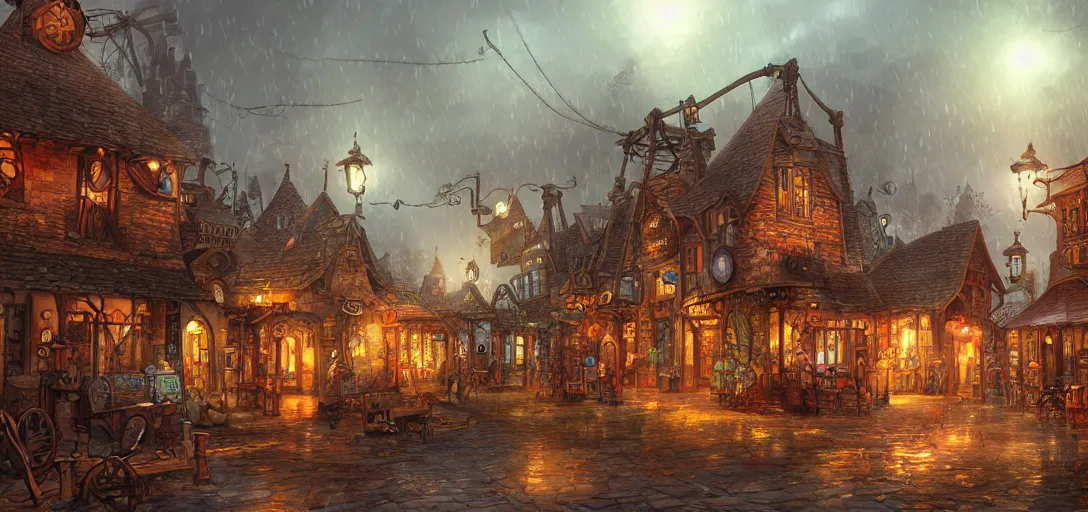 Image similar to Look of a steampunk village, rain, evening, cartoon moody scene, digital art, 8k, colorful details
