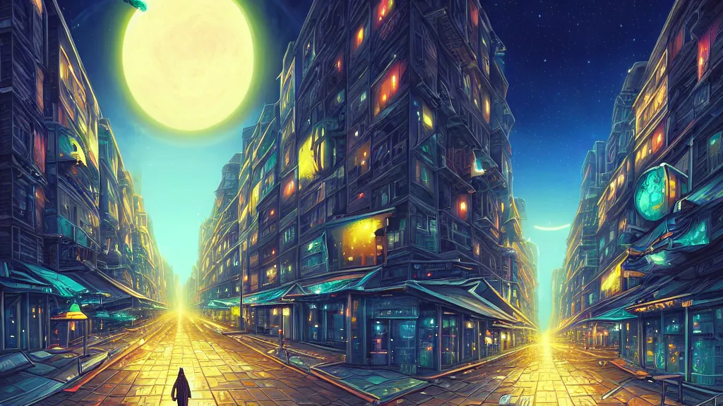 Image similar to the empty city street looking towards the spaceport at night by cyril rolando and naomi okubo and dan mumford