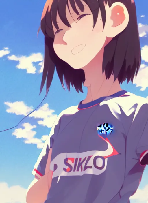 Image similar to portrait of high school runner girl, sunny sky background stadium landscape illustration concept art anime key visual trending pixiv fanbox by wlop and greg rutkowski and makoto shinkai and studio ghibli and kyoto animation real face short down hair sports clothing marathon race sponsors nike shirt