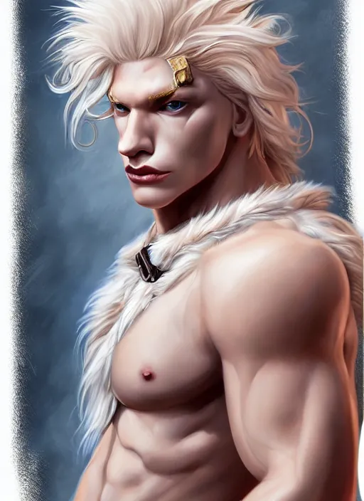 Image similar to aesthetic portrait commission of a of a male fully furry muscular anthro albino lion wearing attractive leather harness and shorts with a tail and a beautiful attractive hyperdetailed face r, safe for work (SFW). Character design by charlie bowater, ross tran, artgerm, detailed, inked, award winning film poster painting