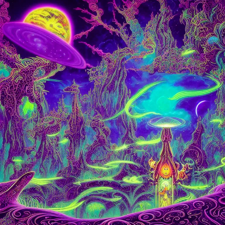 Image similar to mysterious cosmic kitten hovering over haunted mystical temple, infinite hallucinogenic fractal waves, # f 2 2 2 ff # 8 c 1 eff synthwave, bright neon colors, highly detailed, cinematic, eyvind earle, tim white, philippe druillet, roger dean, ernst haeckel, lisa frank, aubrey beardsley, kubrick, louis wain