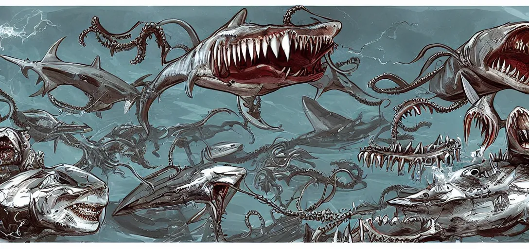 Image similar to concept art of shark attack, lovecraftian, lots of teeth, melting horror, fighting the horrors of the unknown with laser guns