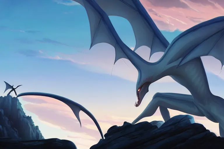 Prompt: a closeup of a large smooth skinned white creature hybrid pterosaur alien, small quills along it's back, long fangs, sitting on a cliff high in the sky, sunset, backlit, beautiful composition, over a rocky shore, jagged rocks in the far distance, by makoto shinkai an krenz cushart