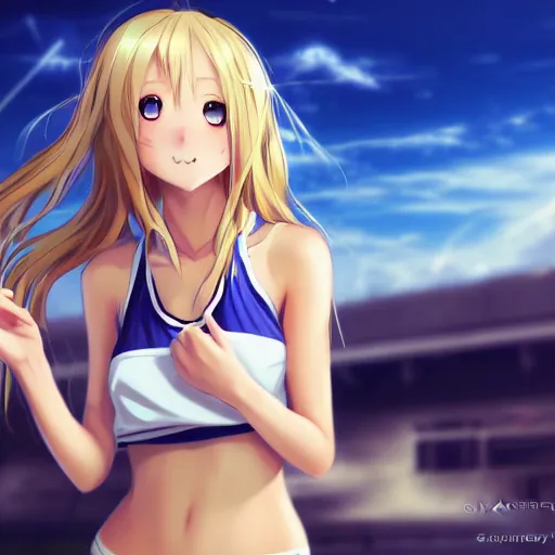 Image similar to a very beautiful young anime basketball girl greeting the camera, full body, long wavy blond hair, sky blue eyes, full round face, short smile, bikini, miniskirt, highly detailed, cinematic wallpaper by stanley artgerm lau