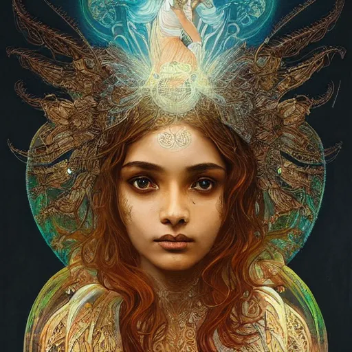 Image similar to Sri lankan girl as a winged angel covered in eyes with glowing halo, iridescent, seraphim, fantasy, intricate, elegant, highly detailed, digital painting, artstation, concept art, smooth, sharp focus, illustration, art by Krenz Cushart and Artem Demura and alphonse mucha