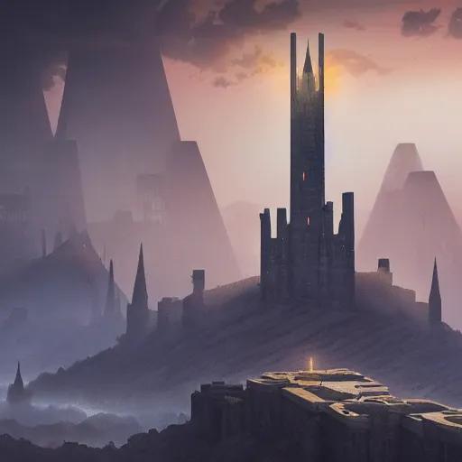 Image similar to one gigantic brutalist ancient tower, a detailed structure with at the top 3 spires in form of a trident, 1 0 0 0 meters tall set against sunlit, surrounded by smoke, mountains and a huge old city, 8 k, volumetric lighting, cinematic composition, octane render, dark surrealism, highly detailed by peter mohrbacher