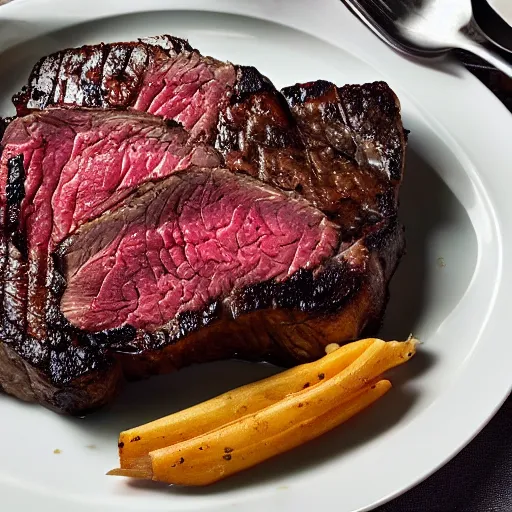Prompt: a juicy steak cooked perfect by Gordon Ramsay with sides