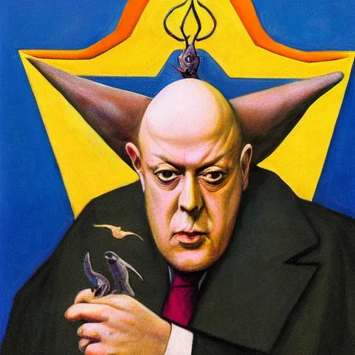 Image similar to Aleister Crowley with baphomet, by Raphael Hopper, and Rene Magritte. Highly detailed, Occult funny, humorous, funny, enchanting, magical, trending on artstationHQ