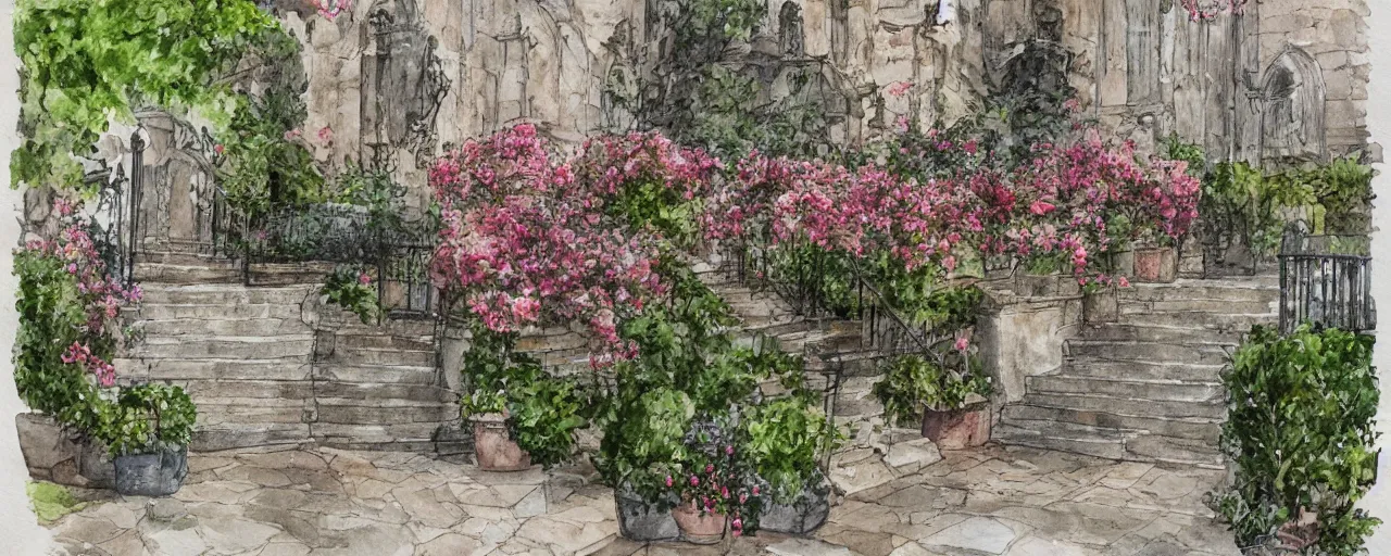 Image similar to flower, courtyard walkway, fountain, castle, stairway, chairs, wrought iron, gate, tree, delicate, botanic garden, road, botanical herbarium paper, watercolor colored painting, iridescent colors, 8 k, realistic shaded, fine details, artstation, italian style, colonnade