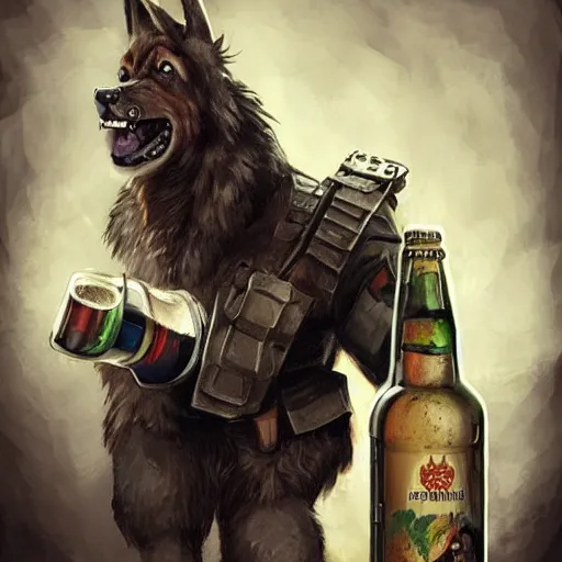 Image similar to a humanoid german shepherd beast - man in military style, holding a bottle of beer, artstation, concept art, smooth, sharp foccus ilustration, artstation