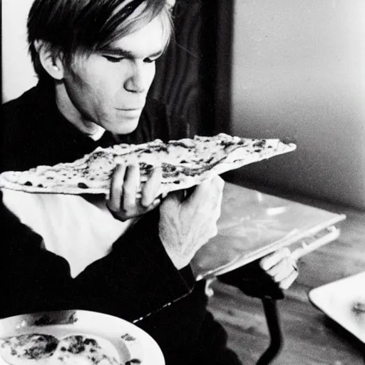 Image similar to a photo of andy warhol eating a delicious slice of pizza