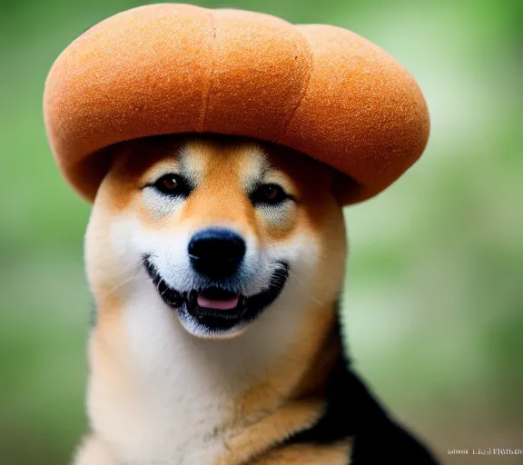 Image similar to a portrait of shiba inu with a mushroom cap growing on its head. intricate. lifelike. soft light. sony a 7 r iv 5 5 mm. cinematic post - processing