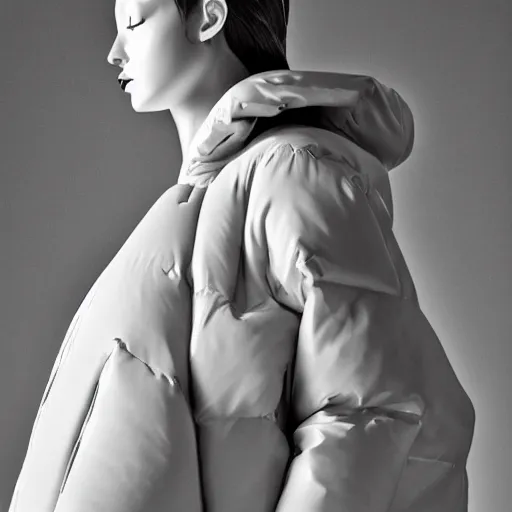 Image similar to well lit fashion shoot portrait of extremely beautiful female marble statue wearing huge over size puffer jacket by dingyun zhang, yeezy, balenciaga, vetements, a cold wall, sharp focus, clear, detailed,, cinematic, detailed, off white, glamourous, symmetrical, vogue, editorial, fashion, magazine shoot, glossy