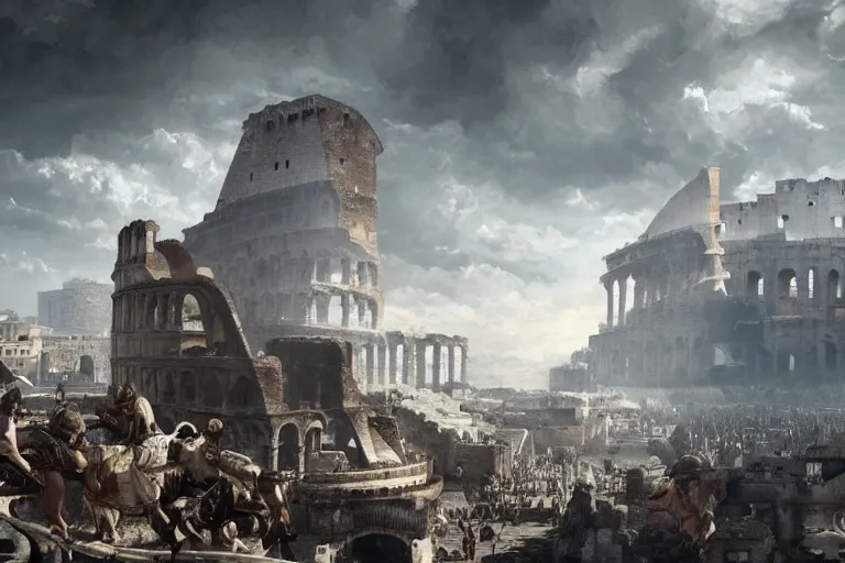 Prompt: the fall of Rome, Artstation, cgsociety, dramatic, stunning. Amazing artwork