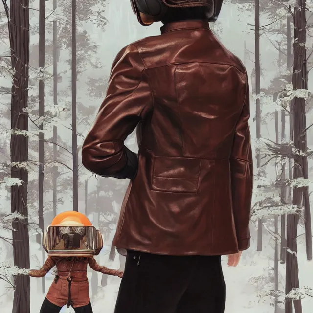 Image similar to highly detailed portrait of androgynous girl wearing bakelite leather jacket, bakelite rocky mountains, japanese haunted forest, by hsiao - ron cheng and artgerm, modular synthesizer helmet backpack, the grand budapest hotel, glow, no crop, digital art, artstation, pop art