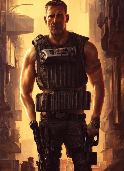 Prompt: duke nukem. cyberpunk mercenary in a military vest ( blade runner 2 0 4 9, cyberpunk 2 0 7 7 ). orientalist portrait by john william waterhouse and james gurney and theodore ralli and nasreddine dinet, oil on canvas. cinematic, hyper realism, realistic proportions, dramatic lighting, high detail 4 k