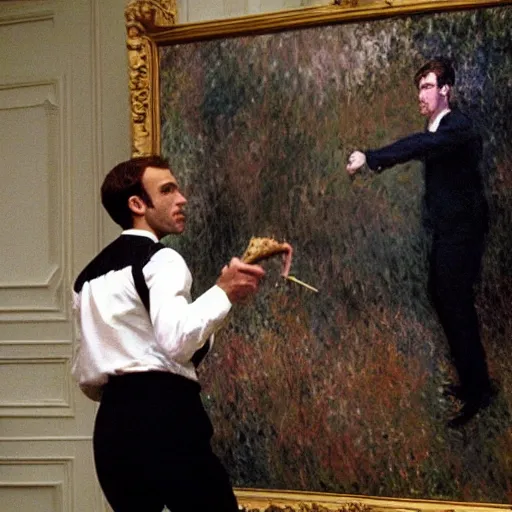 Prompt: Claude Monet painting Emmanuel Macron in American Psycho (1999)