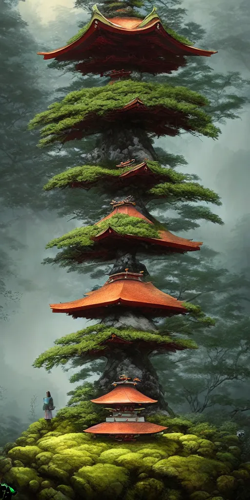 Image similar to japanese style shrine on top of a misty mountain overgrown by glowing mushrooms, hyper realistic, lush gnarly plants, 8 k, denoised, by greg rutkowski, tom bagshaw, james gurney cinematic lighting