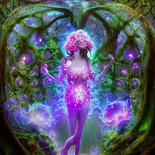 Image similar to glowing delicate flower and mushrooms that grow in a dark fatansy forest on the planet Pandora, an idealistic marble statue with fractal flowery hair in a fractal garden, symmetrical,