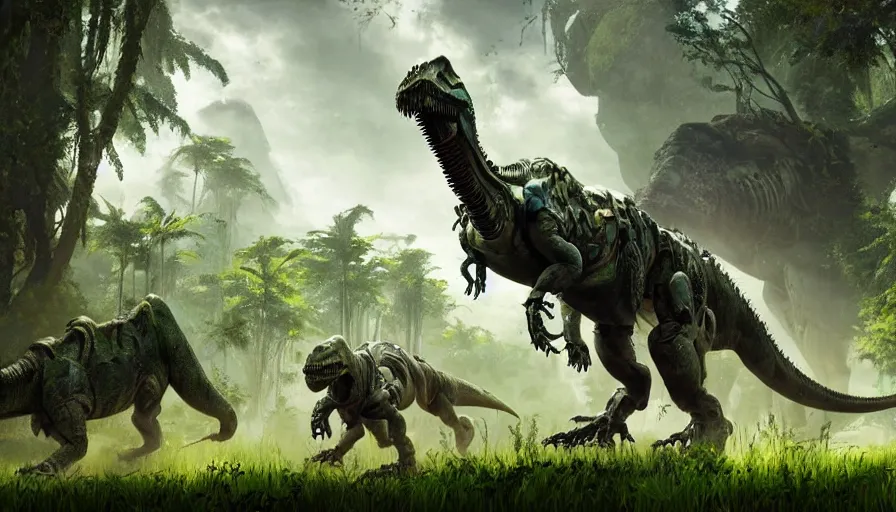 Image similar to A part machine part dinosaur hybrid of a T-Rex strolling along a lush green forest in the style of the playstation 5 game Horizon Zero Dawn world, half robot T-Rex, sci-fi concept art, highly detailed, oil on canvas by James Gurney