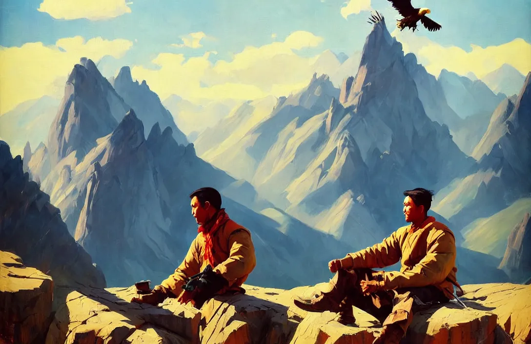 Image similar to greg manchess painting of eagle hunter sitting on the background of mountains in kyrgyzstan, medium shot, asymmetrical, organic painting, sunny day, matte painting, bold shapes, hard edges, street art, trending on artstation, by huang guangjian and gil elvgren and sachin teng