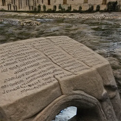 Prompt: detailed footage of european writing in stone in a river, photographic journalism, hunger stones, realistic, european river, carvings of drought and famine