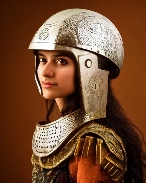 Image similar to centered medium shot fine studio photograph of a beautiful persian girl wearing an ancient persian solarpunk electronic helmet with led lights, ultra-realistic, white background, 8k HDR morning light, intricate detail