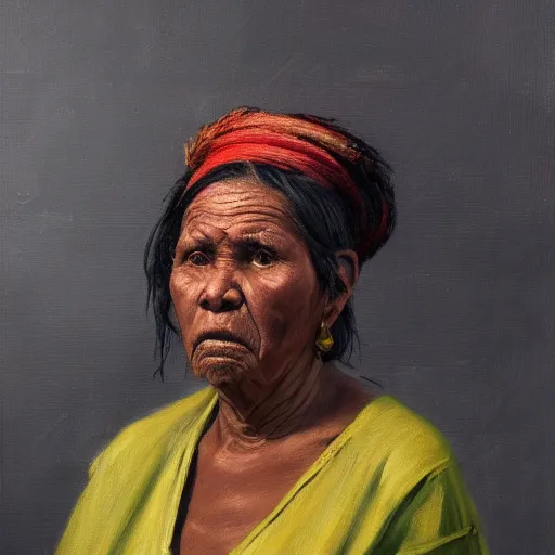 Prompt: a painting of a lantina elder woman by Lynette Yiadom-Boakye . details, smooth, sharp focus, illustration, realistic, cinematic, artstation, award winning, rgb , unreal engine, octane render, cinematic light, macro, depth of field, blur, red light and clouds from the back, highly detailed epic cinematic concept art CG render made in Maya, Blender and Photoshop, octane render, excellent composition, dynamic dramatic cinematic lighting, aesthetic, very inspirational, arthouse.